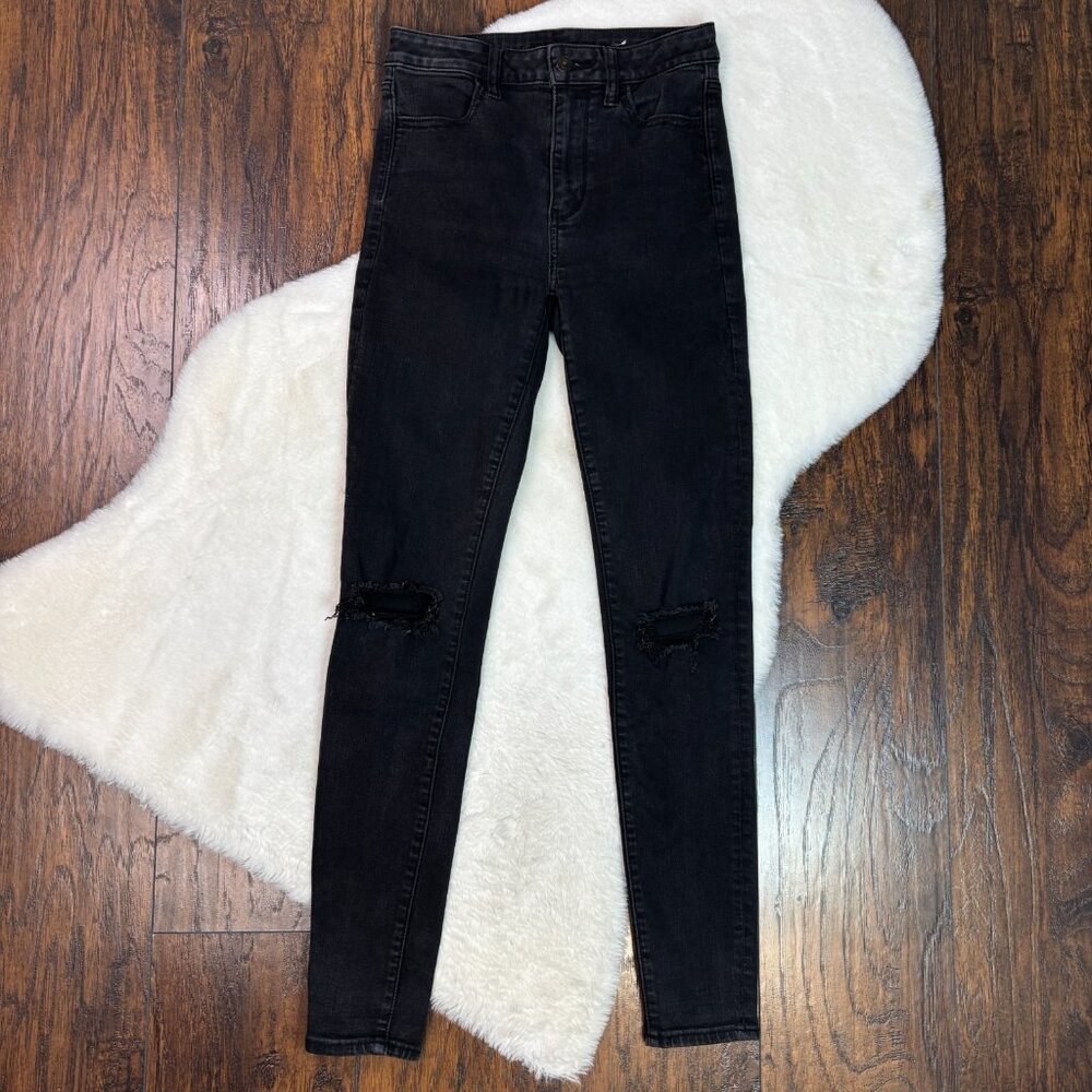 American Eagle Skinny Jeans 4 Long Super Hi-Rise Jegging Faded Black Ripped Knee